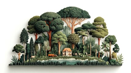 A detailed miniature diorama depicts a lush forest scene with various trees, a small house, and a truck, set against a white background.