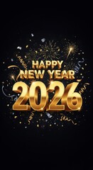 Fototapeta premium Golden 2026 New Year Celebration on a Black Background with Confetti and Sparkle