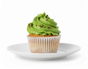 Cupcake with green frosting and chocolate sprinkles on a white plate