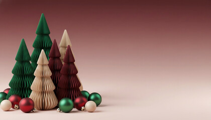 Christmas banner with decorative trees and ornaments on a minimalist background, copy space included