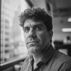 Black and white portrait of serious man with intense gaze, dramatic character photography