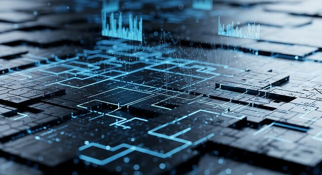 Abstract futuristic digital circuit board with glowing blue data streams and complex network patterns
