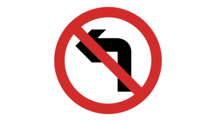 Clear and concise prohibition symbol indicating no left turn, essential for traffic safety and navigation guidance isolated on white or transparent png.