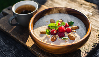 Warm oatmeal with fresh raspberries almonds and a cup of coffee outdoors