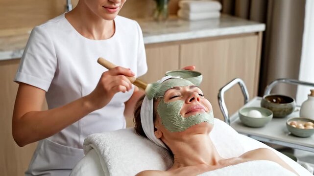 Esteticista aplicando mascarilla facial a mujer madura en centro moderno de bienestar y belleza - Therapist beauty