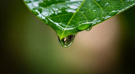 Macro shot of a water droplet hanging from a leaf.
