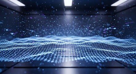 Abstract digital landscape of glowing blue particles and wavy energy fields in a futuristic hallway