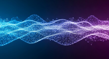 Abstract glowing blue and purple particle waveform displaying digital sound or data visualization