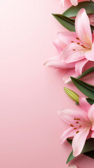 Fototapeta premium Pink lilies arranged on pastel background with copy space. 