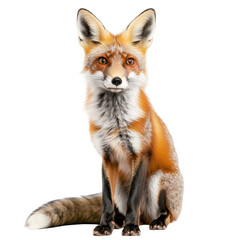 Obraz premium A realistic portrayal of a red fox sitting gracefully against a white background. its fur and expressive eyes. ideal for wildlife and nature-themed projects