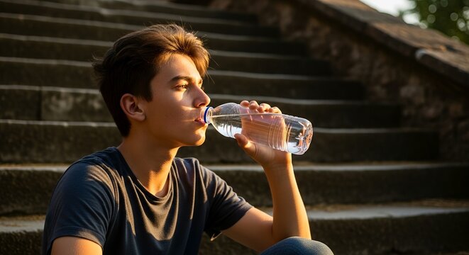 Young man sitting on stone steps, drinking water from a plastic bottle in outdoor setting. - Powered by Adobe