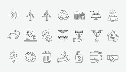Green Energy and Ecology Line Icons Set – Sustainable Power, Renewable Resources, and Eco-Friendly Outline Vector Pack