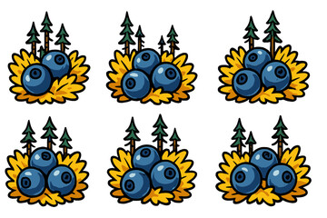 Blueberry clusters with autumn leaves and pine trees pattern