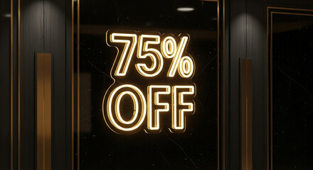 Stunning 75% OFF neon sign glows with golden light against a luxurious dark marbled background, perfect for captivating promotional displays.