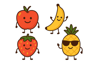 Set of happy cartoon fruit characters including banana strawberry and pineapple