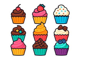 Colorful cartoon cupcakes with various frosting and sweet toppings