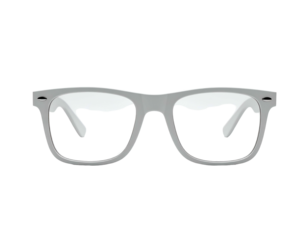 Stylish, light gray, iconic frame glasses against a dark background, looking forward
