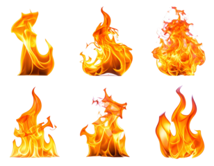 Six different flame shapes, rendered in bright orange and yellow hues, isolated on black