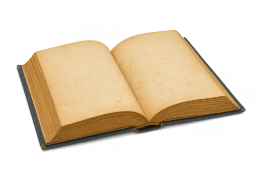 Open antique book with blank pages, revealing aged paper texture, knowledge concept on transparent background