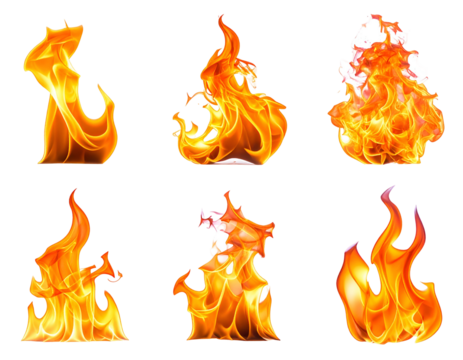 Six different flame shapes, rendered in bright orange and yellow hues, isolated on black - Powered by Adobe