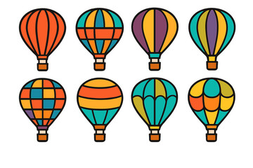 Obraz premium Set of eight colorful hot air balloon icons featuring thick outlines