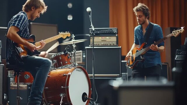 selective focus dedicated band practicing in cozy rehearsal studio together