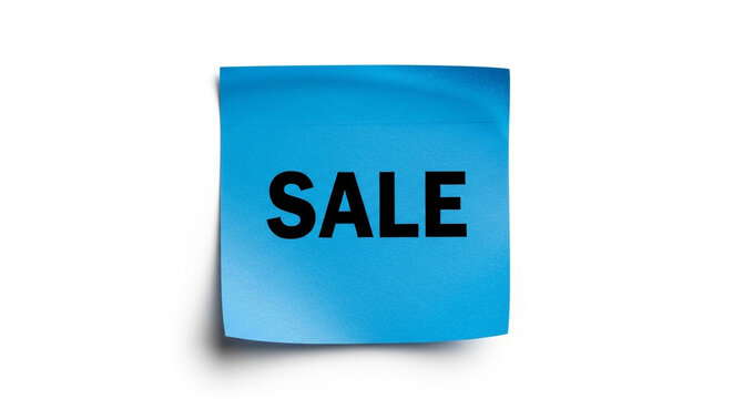 Bold black 'SALE' announcement pops on vibrant blue sticky note, perfect for grabbing customer attention for promotions and discounts.