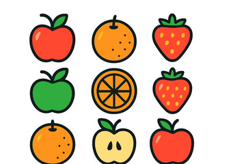 Set of colorful fruit icons including apples, oranges, and strawberries