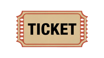 Vintage ticket entry pass design for events concerts or cinema admission with classic perforation edges and bold lettering isolated on white or transparent png.
