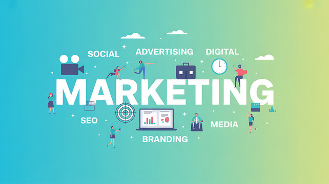 Vibrant visual campaign for digital marketing success showcasing social media, SEO, branding, and advertising strategies