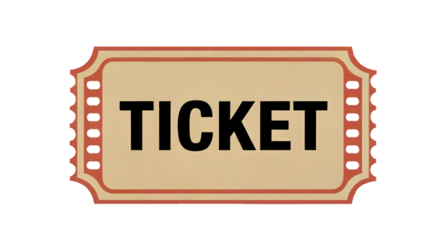 Vintage ticket entry pass design for events concerts or cinema admission with classic perforation edges and bold lettering isolated on white or transparent png. - Powered by Adobe