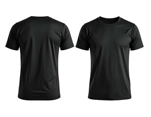 Naklejka premium Two views of a plain black t-shirt, front and back, isolated