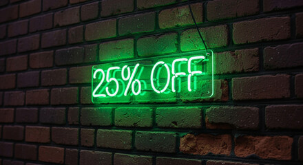 Obraz premium Grab amazing savings with this vibrant green neon '25% OFF' sign glowing against a rustic brick wall perfect for retail promotions.