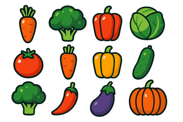 Cute cartoon vegetable icons collection for healthy eating and nutrition concepts