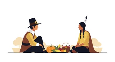 Man, pilgrim, and Native american woman sitting facing each other with harvest between them. Thanksgiving story, first Thanksgiving celebration concept.