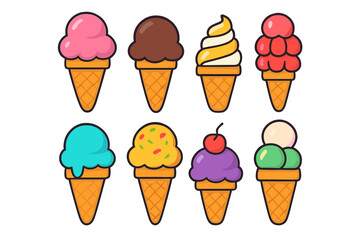 Eight colorful ice cream cones with assorted flavors and toppings