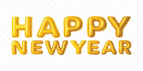 abstract 3d Happy New Year typography made by different color foil balloons isolated on transparent background