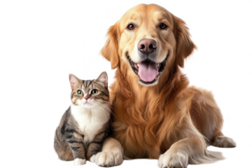 A joyful golden retriever and a playful tabby cat sit side by side on a clean white background. their friendship and harmony. perfect for pet-related content or advertisements