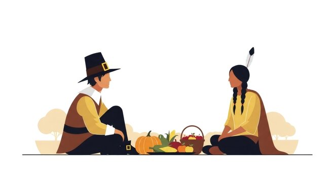 Man, pilgrim, and Native american woman sitting facing each other with harvest between them. Thanksgiving story, first Thanksgiving celebration concept.