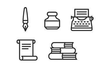 Set of writing and literature symbols featuring pen, inkwell, typewriter, scroll, and books
