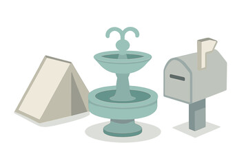 Isometric outdoor objects collection featuring tent, water fountain, and mailbox