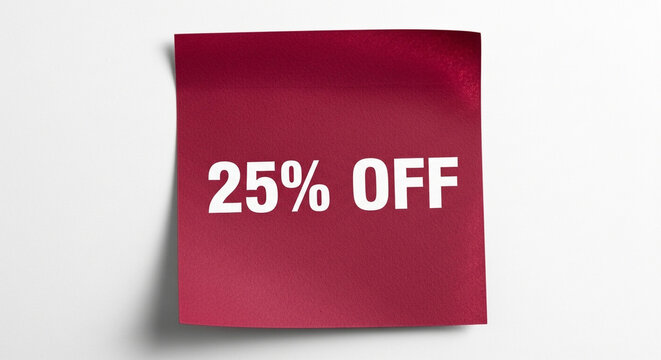 Announce incredible savings with a bold '25% OFF' message on a vibrant red sticky note, perfect for driving sales and attracting customers.