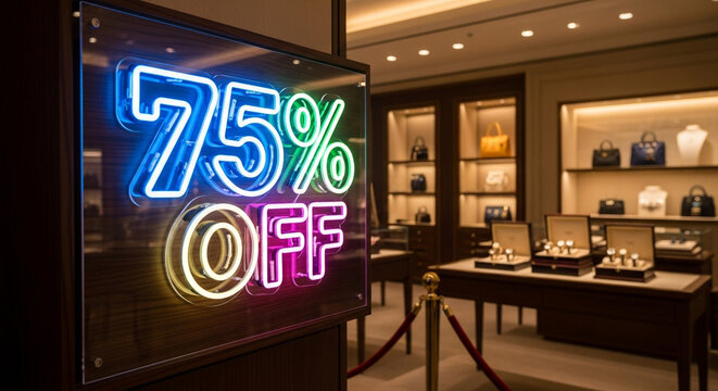Vibrant 75% off neon sign illuminates luxury retail store showcasing watches and designer handbags, driving impulse buys and sales.
