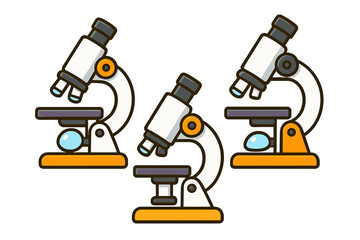 Set of three cartoon laboratory microscopes with white and orange base