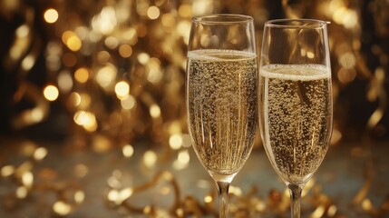 Close-up of two champagne flutes filled with bubbly wine against a festive golden background