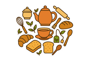 Circular arrangement of baking tools and breakfast food icons