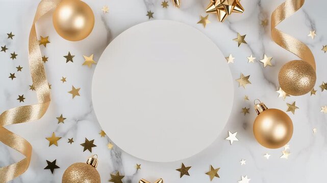 Luxury gold and white christmas flatlay with marble surface, ribbons and ornaments, elegant soft motion 4K festive holiday advertising background video