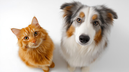 Obraz premium Close up portrait of a ginger cat and a dog looking up together on white background. 