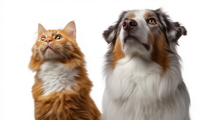 Obraz premium Close up portrait of a ginger cat and a dog looking up together on white background. 