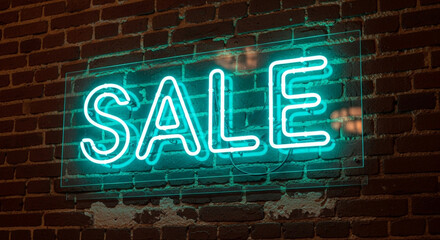 Dynamic neon 'SALE' sign glows vibrantly against a rustic brick wall, creating an irresistible call to action for shoppers seeking amazing deals and discounts